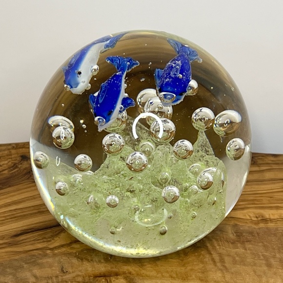 Art Glass Dolphin Paperweight Controlled Bubbles Blue Green 4.5" Murano Style - Picture 4 of 11